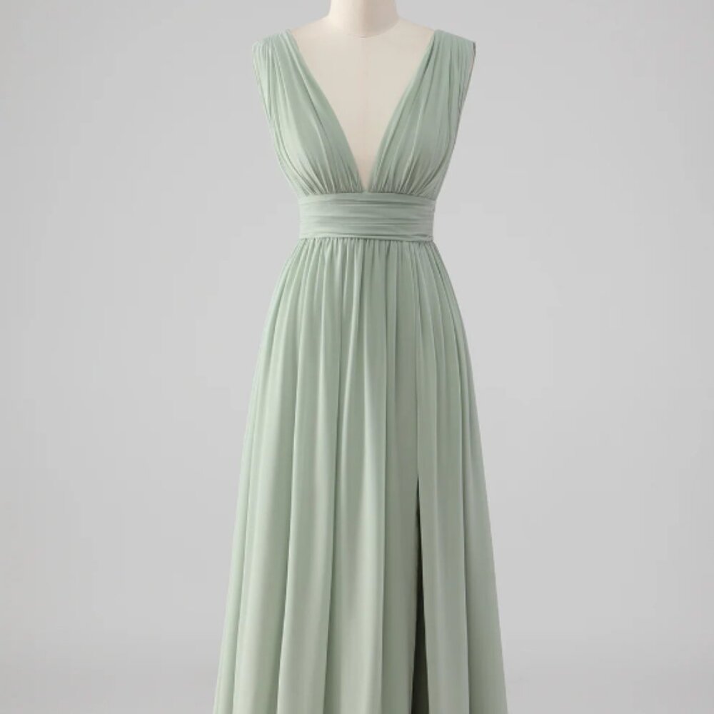 Pleated Chiffon V Neck Long Sage Green Bridesmaid Dress with Slit
